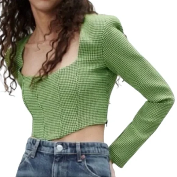 ZARA NWTS NEON GREEN HOUNDSTOOTH CORSET TOP SZ SM - Picture 3 of 5